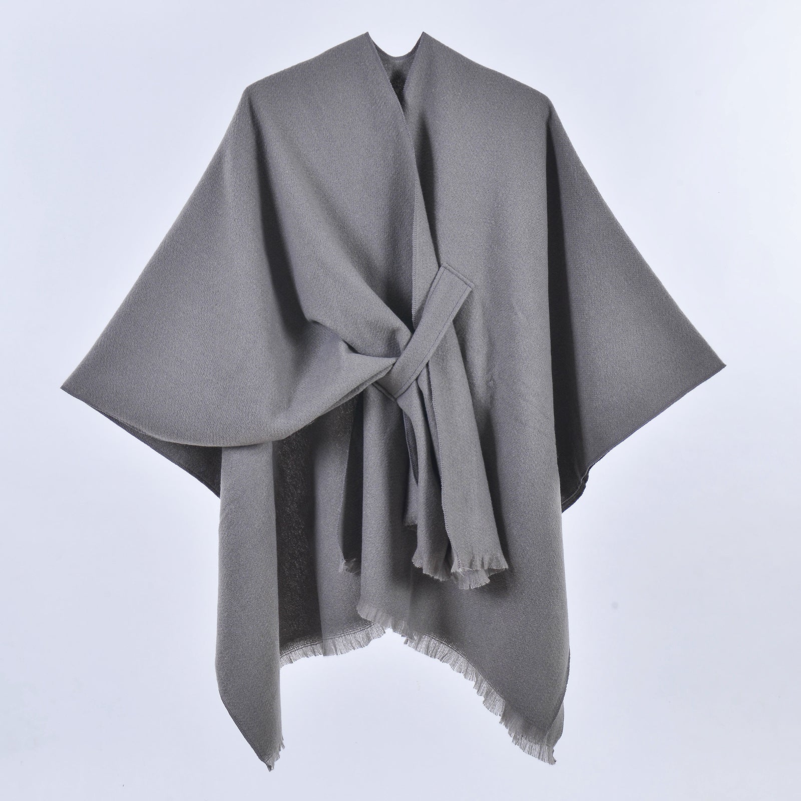 Women Faux Cashmere Shawl Poncho Tie-Up Open