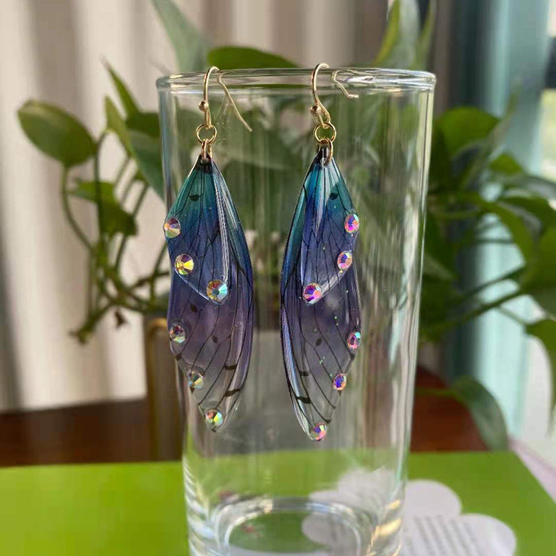 Butterfly Wing Drop Earrings Gradient Resin Rhinestone Jewelry With 925 Sterling Silver Earring Post - View 3