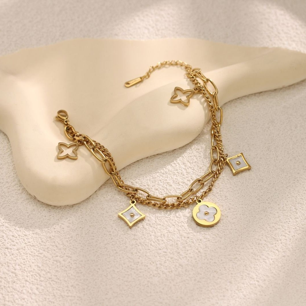 18K Gold Plated White Shell Clover Heart Flower Bracelet — Titanium Steel