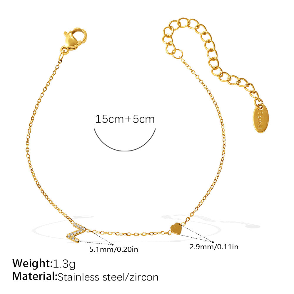 26-Letter Alphabet Heart Bracelet — Stainless Steel 18K Gold, Zircon, Couple Style