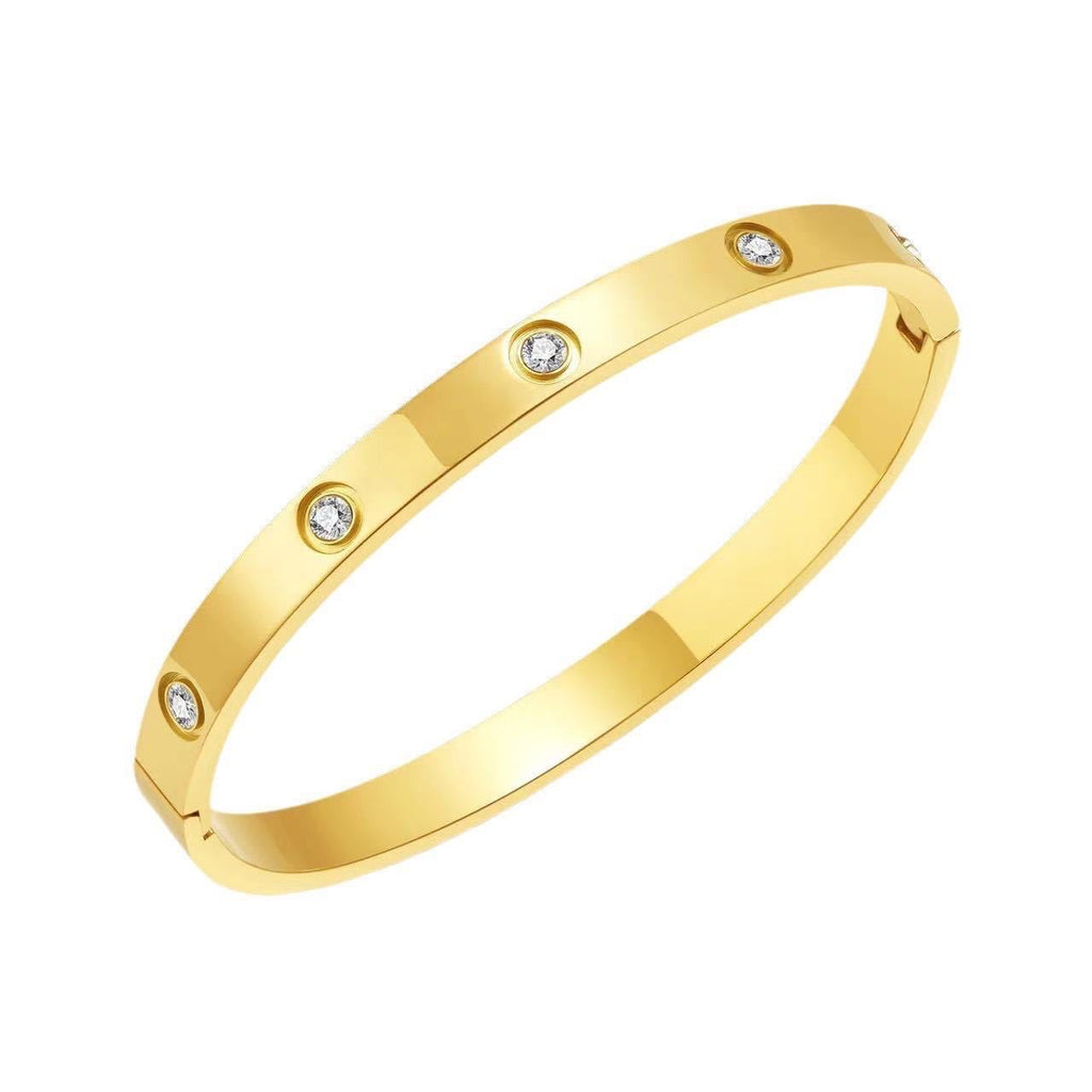 Ten-Stone Diamond Bangle Bracelet — Stainless Steel, 18K Gold Plated, Clasp Closure