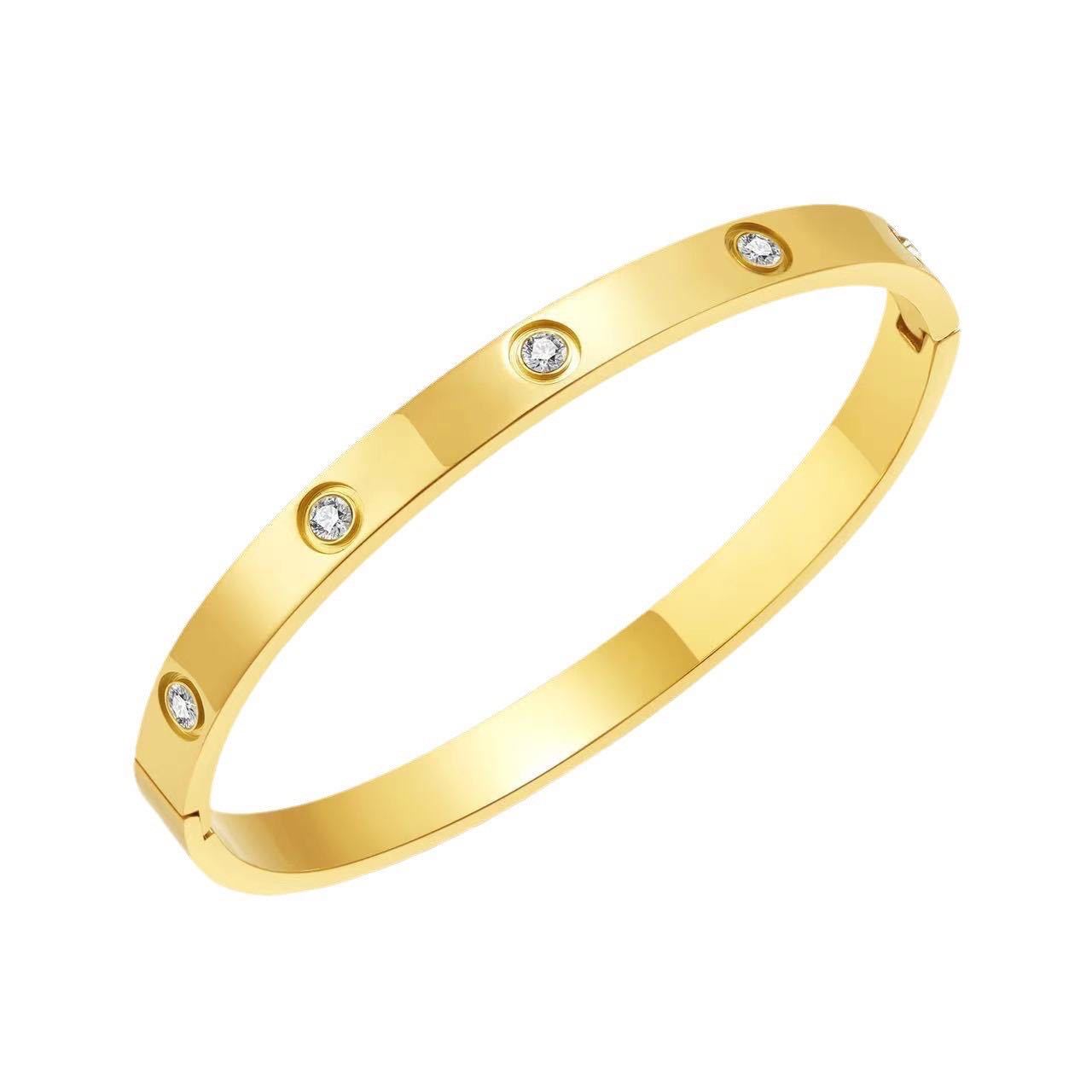 Ten-Stone Diamond Bangle Bracelet — Stainless Steel, 18K Gold Plated, Clasp Closure