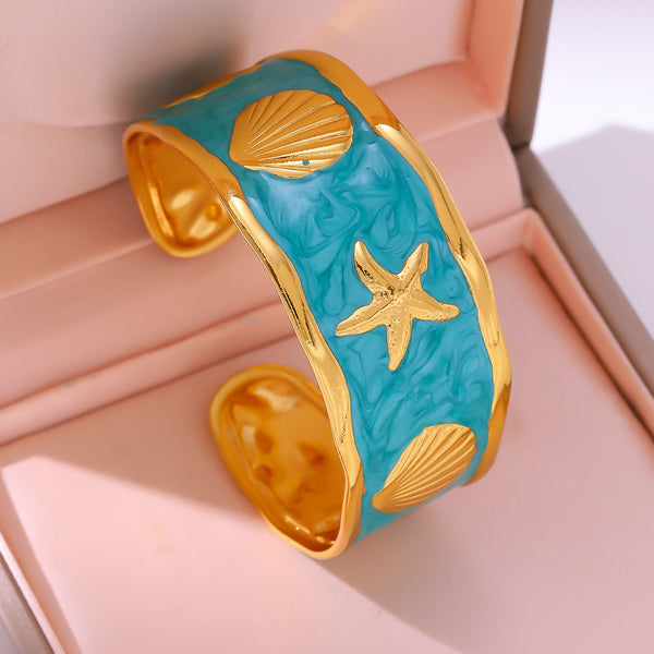 Starfish Shell Glaze C-Open Bangle — Stainless Steel, French Retro, 5 Colors