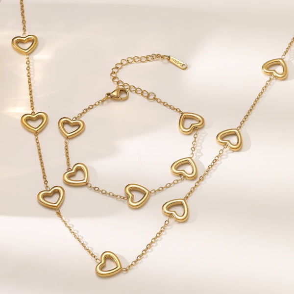 Heart Motif Necklace & Bracelet Set — Titanium Steel, 18K Gold Plated, Fade-Resistant