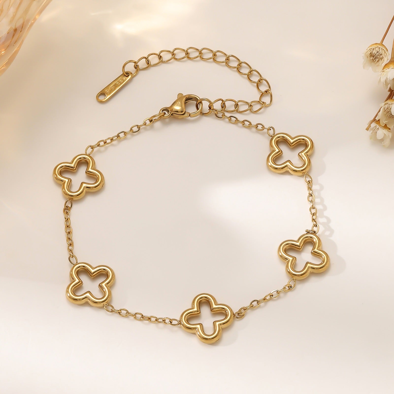 Four-Leaf Clover Necklace & Bracelet Set — Titanium Steel, 18K Gold Plated