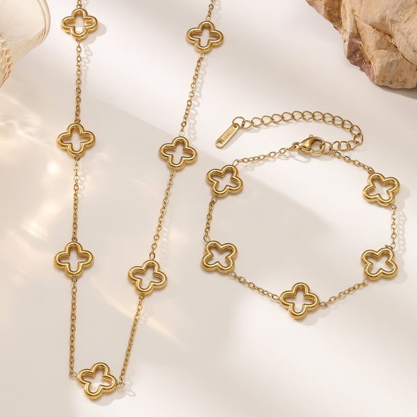 Four-Leaf Clover Necklace & Bracelet Set — Titanium Steel, 18K Gold Plated
