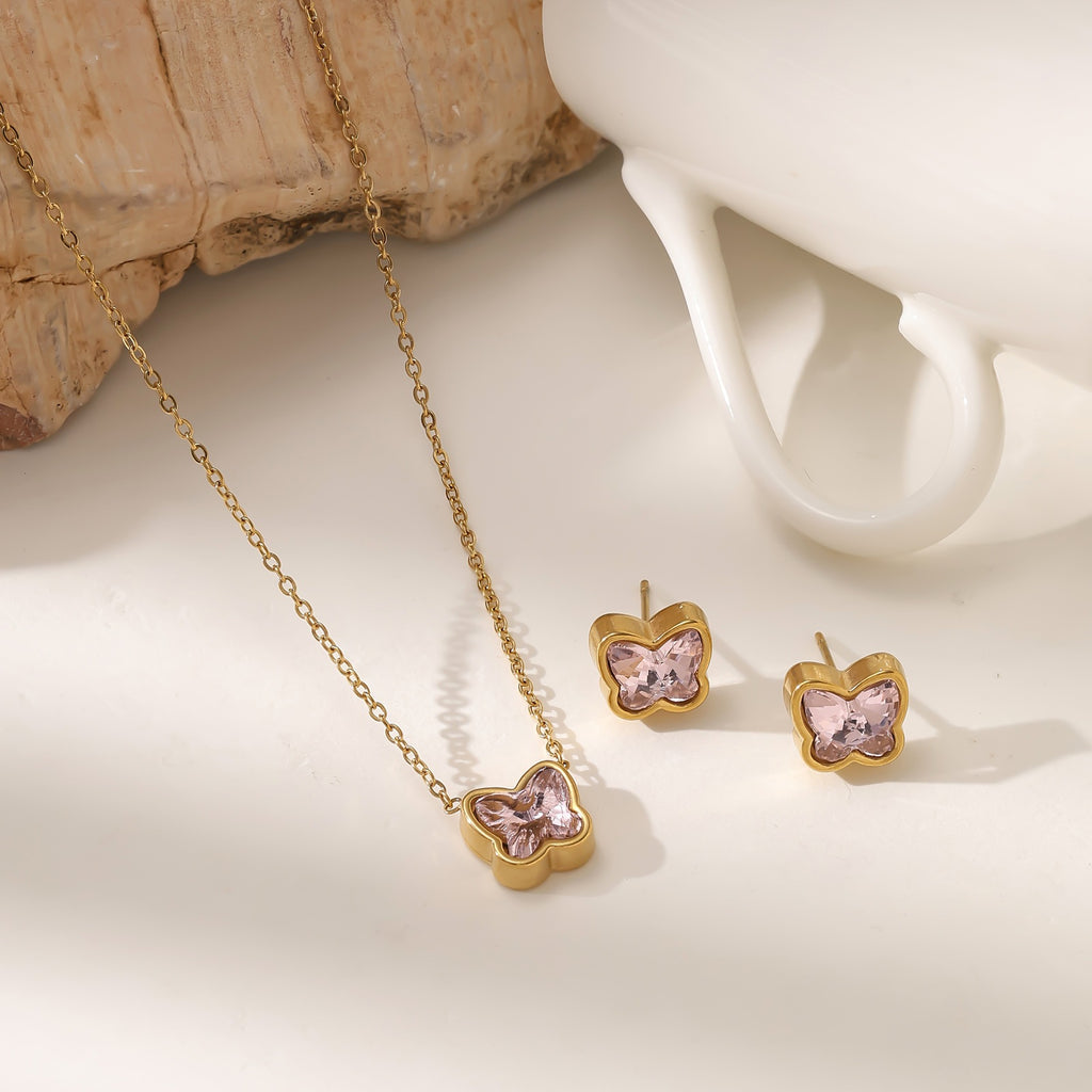 European & American Bow Drop Heart Zirconia Jewelry Set — Stainless Steel Necklace & Earrings