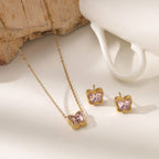 European & American Bow Drop Heart Zirconia Jewelry Set — Stainless Steel Necklace & Earrings