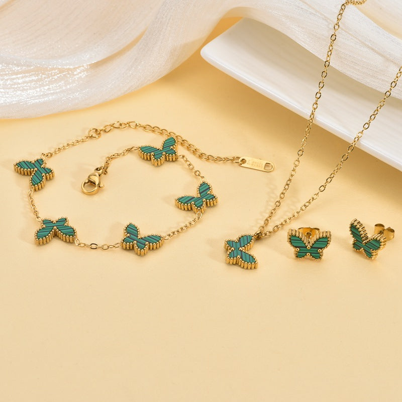 Double-Sided Mother-of-Pearl Butterfly Jewelry Set — Earrings, Bracelet & Necklace, 6 Colors