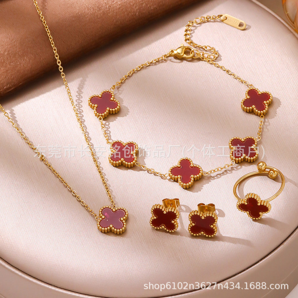 13mm Double-Sided Four-Leaf Flower Jewelry Set — 18K Gold Plated Titanium Steel (Earrings, Ring, Bracelet, Necklace)