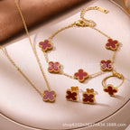 13mm Double-Sided Four-Leaf Flower Jewelry Set — 18K Gold Plated Titanium Steel (Earrings, Ring, Bracelet, Necklace)