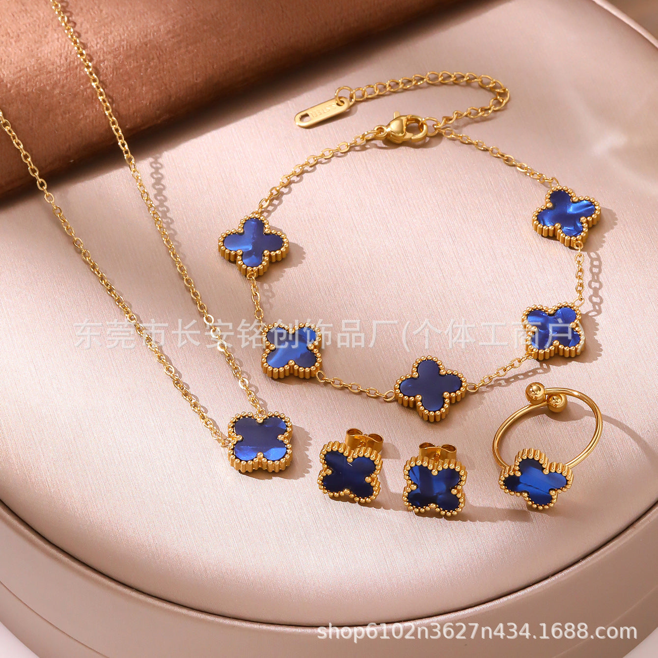 13mm Double-Sided Four-Leaf Flower Jewelry Set — 18K Gold Plated Titanium Steel (Earrings, Ring, Bracelet, Necklace)