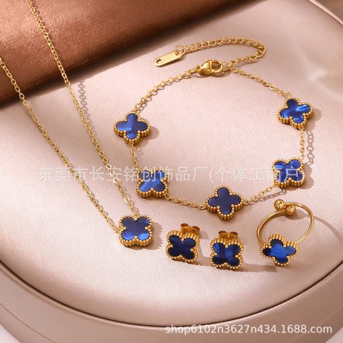 13mm Double-Sided Four-Leaf Flower Jewelry Set — 18K Gold Plated Titanium Steel (Earrings, Ring, Bracelet, Necklace)