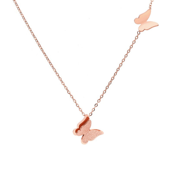 Matte 3D Double Butterfly Pendant Necklace — Titanium Steel, 18K Real Gold