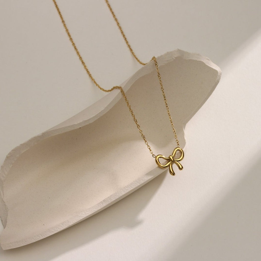 Butterfly Bow Pendant Knot Necklace — 18K Gold Plated, Minimalist Collarbone Chain