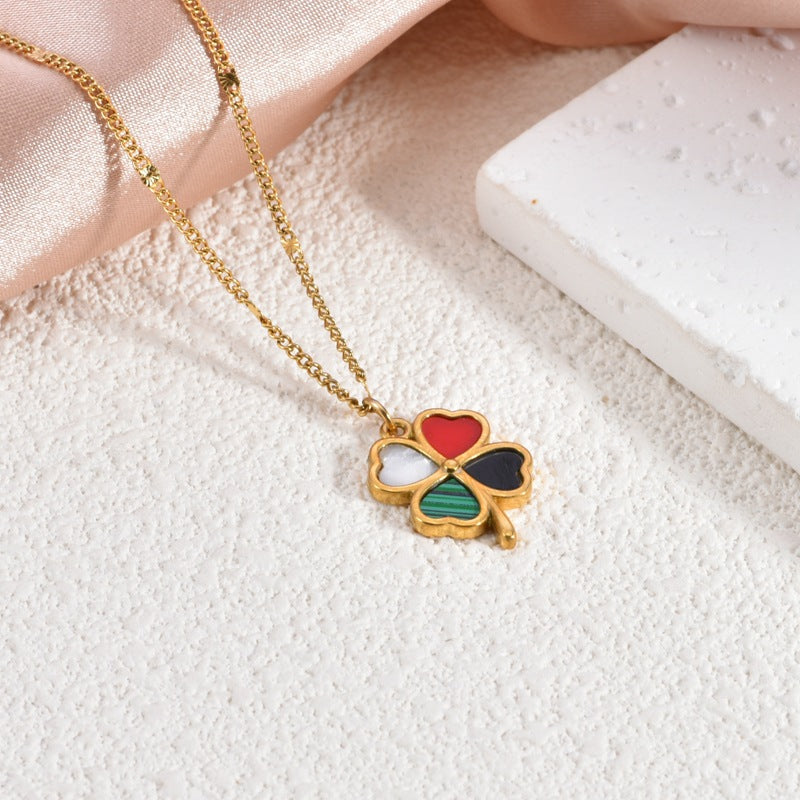 Lucky Four-Leaf Clover White Shell Necklace — Titanium Steel, 18K Gold Plated