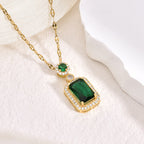 Square Zircon Pendant Necklace — 18K Gold, Titanium Steel, Green/Red