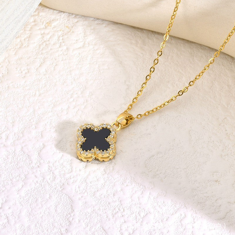 Black & White Reversible Four-Leaf Clover Necklace — Titanium Steel, Zircon, 2-in-1