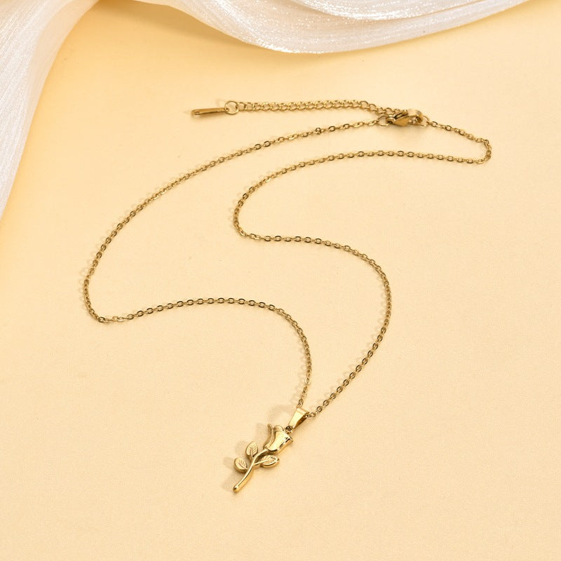 Vintage Rose Flower Pendant Necklace — Titanium Steel, Elegant