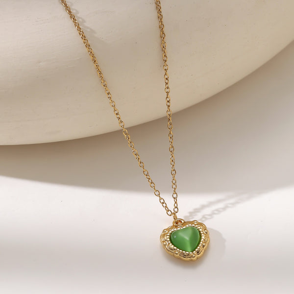 18K Gold Plated Cat Eye Heart Pendant Necklace — Stainless Steel