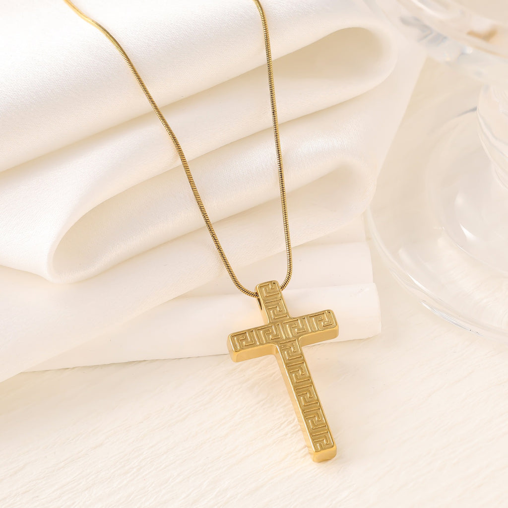 Cross Heart Drop Pendant Necklace — Titanium Steel, Snake-Bone Chain, Collarbone