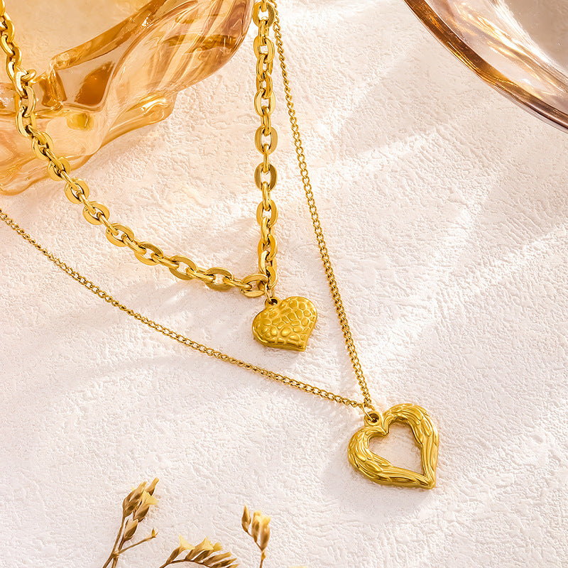 Openwork Heart Pendant Necklace — Titanium Steel, Vintage Multi-Layer, 18K Gold