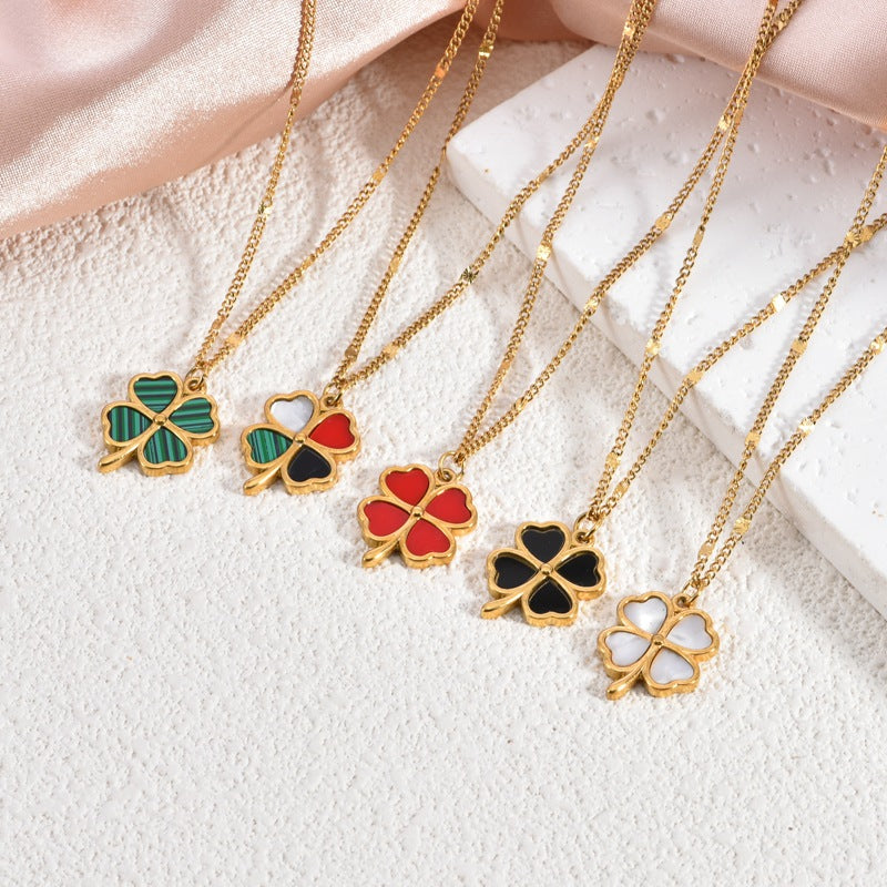 Lucky Four-Leaf Clover White Shell Necklace — Titanium Steel, 18K Gold Plated