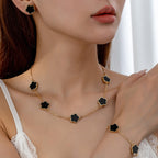 Five-Petal Flower Jewelry Set — Earrings & Bracelet & Necklace, Titanium Steel, 18K Gold