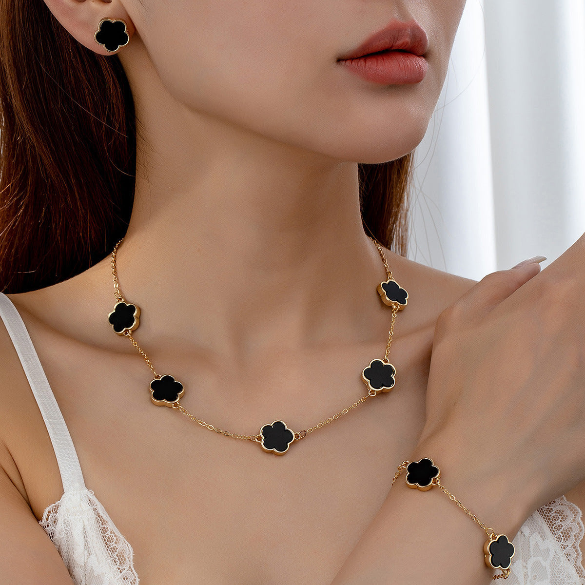 Five-Petal Flower Jewelry Set — Earrings & Bracelet & Necklace, Titanium Steel, 18K Gold