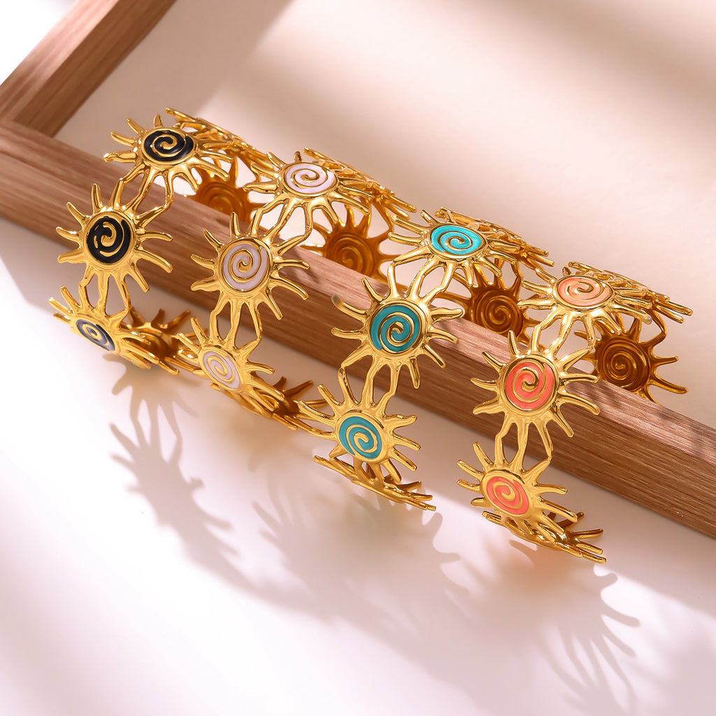 Sunflower Enamel C-Shape Open Bangle — Stainless Steel, French Vintage, Fade-Resistant
