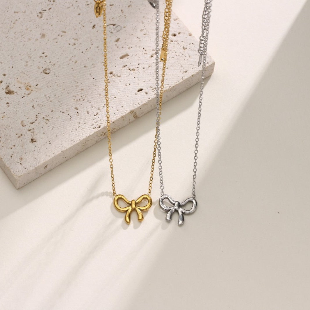 Butterfly Bow Pendant Knot Necklace — 18K Gold Plated, Minimalist Collarbone Chain
