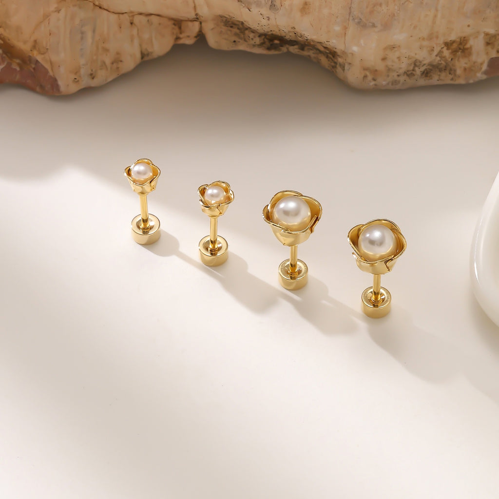 Rose & Pearl Screw-Back Stud Earrings — 304 Stainless Steel, 18K Gold Plated
