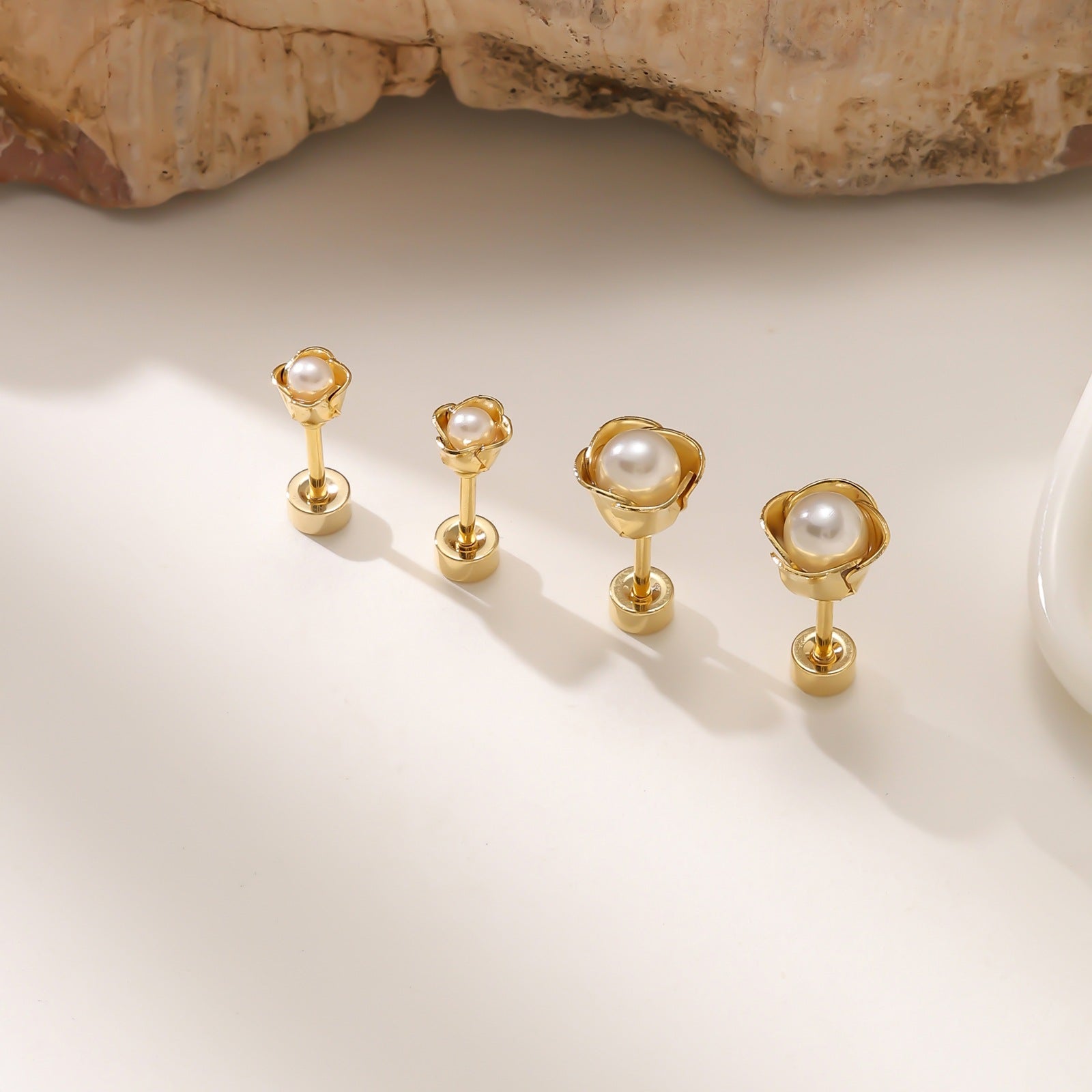 Rose & Pearl Screw-Back Stud Earrings — 304 Stainless Steel, 18K Gold Plated