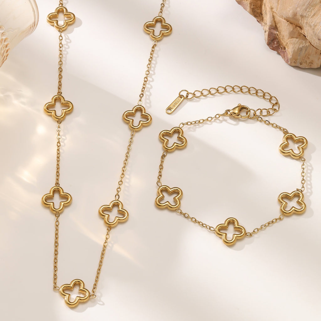 Four-Leaf Clover Necklace & Bracelet Set — Titanium Steel, 18K Gold Plated