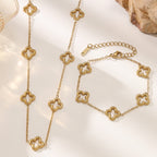 Four-Leaf Clover Necklace & Bracelet Set — Titanium Steel, 18K Gold Plated