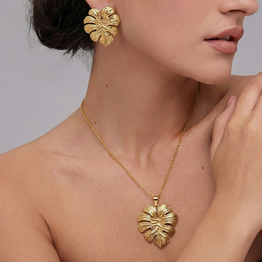 Vintage 18K Gold Earrings & Necklace Set — 304 Stainless Steel, Fade-Resistant