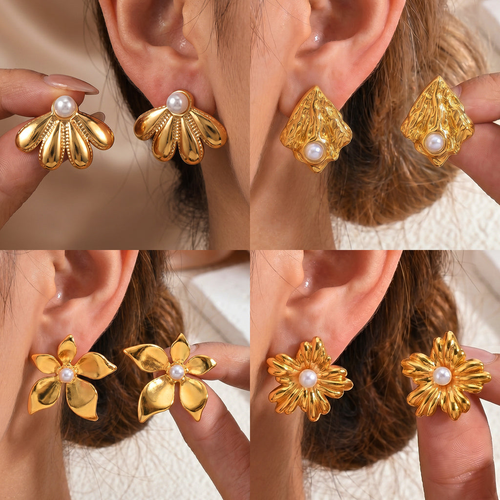French Light Luxury Pearl Stud Earrings — 18K Gold Stainless Steel