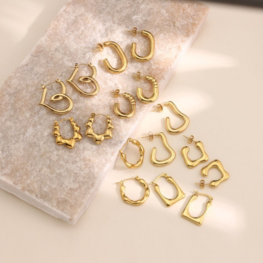Geometric Hammered Texture Drop Earrings — Stainless Steel, 18K Gold Plated