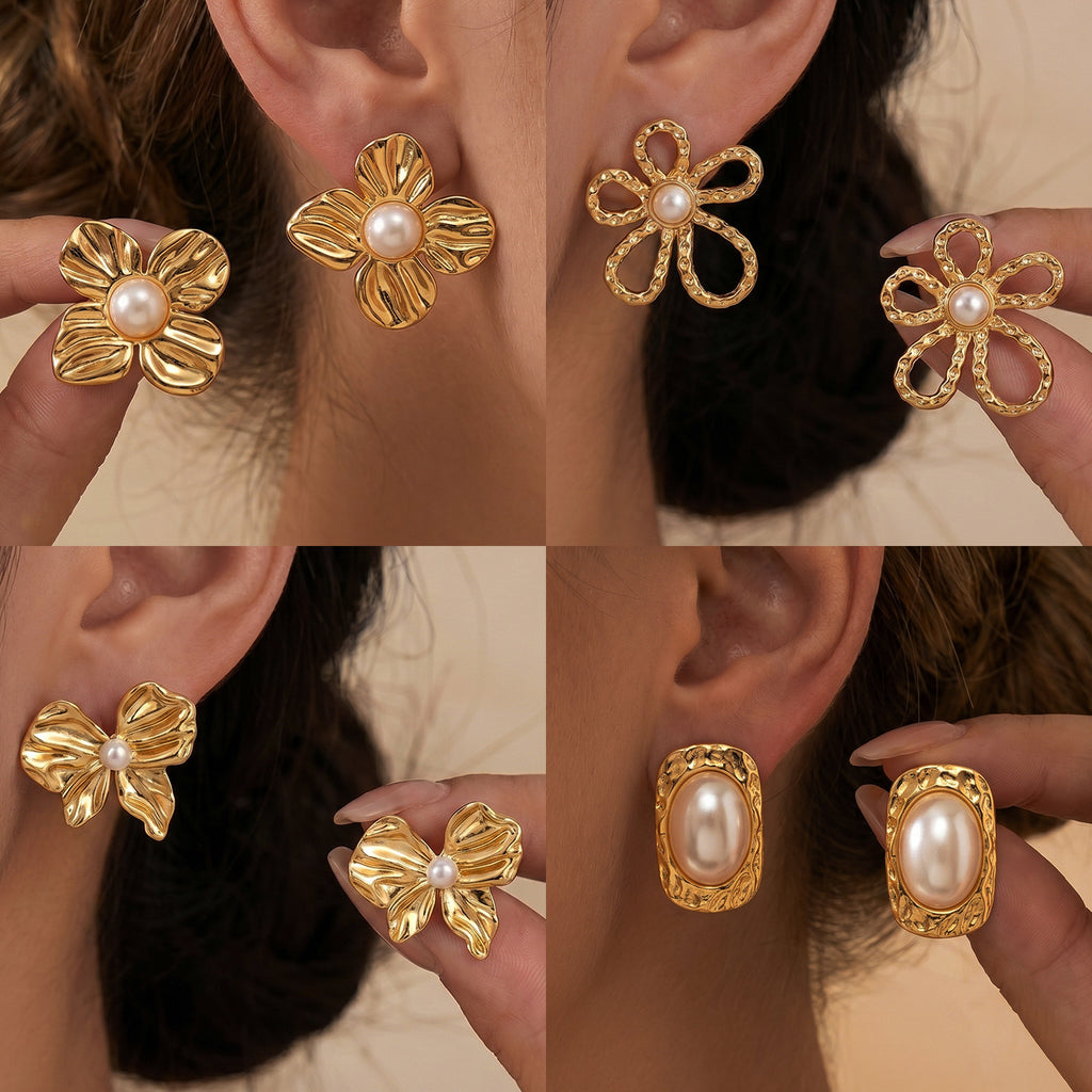 French Pearl & Bow Irregular Stud Earrings — Stainless Steel, Shell & Flower Motif