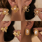 French Pearl & Bow Irregular Stud Earrings — Stainless Steel, Shell & Flower Motif