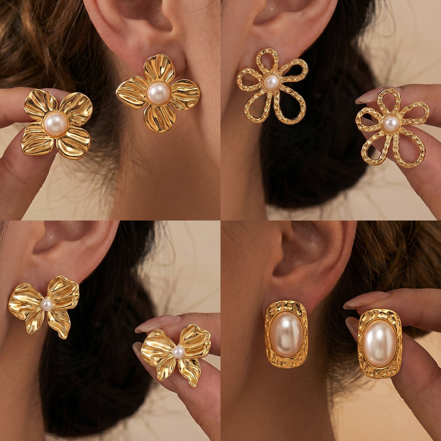 French Pearl & Bow Irregular Stud Earrings — Stainless Steel, Shell & Flower Motif