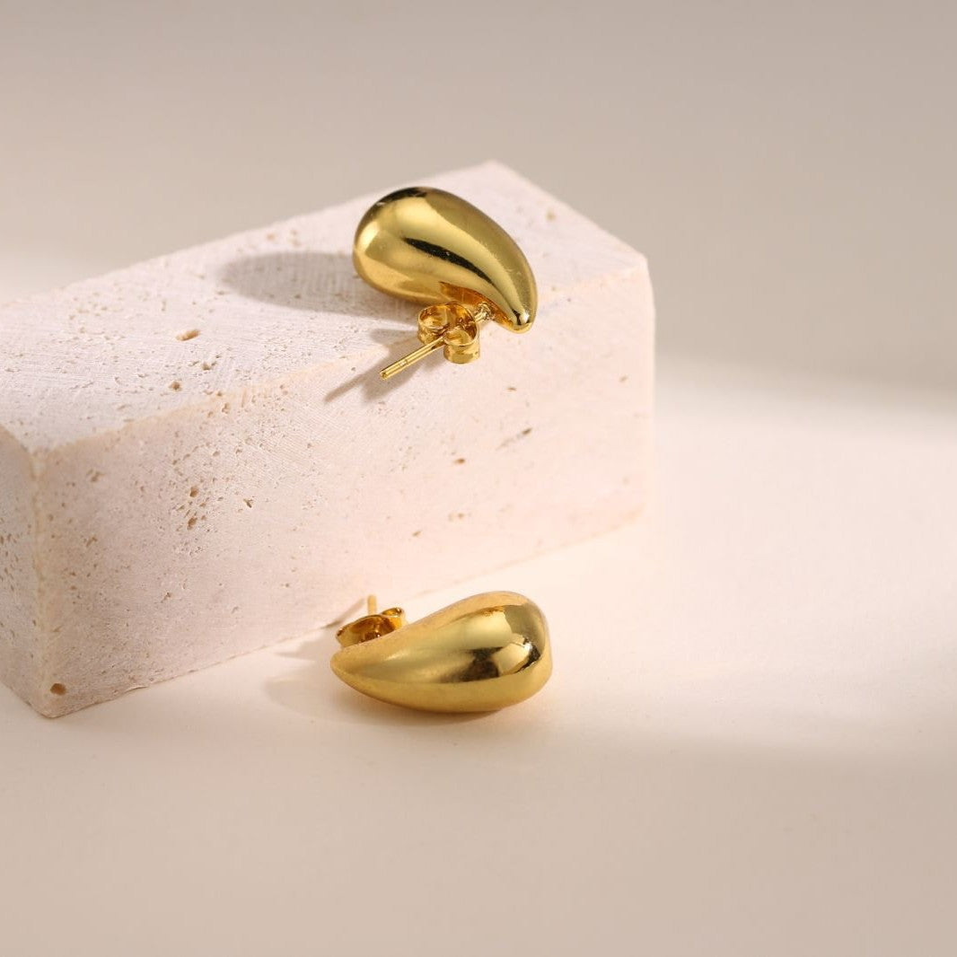 Solid Drop-Shape Stud Earrings — Stainless Steel, 18K Gold Plated, Amazon Best Seller