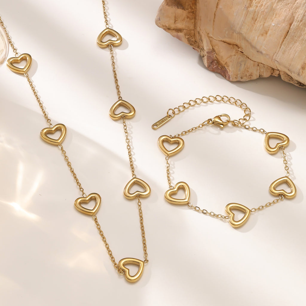 Heart Motif Necklace & Bracelet Set — Titanium Steel, 18K Gold Plated, Fade-Resistant