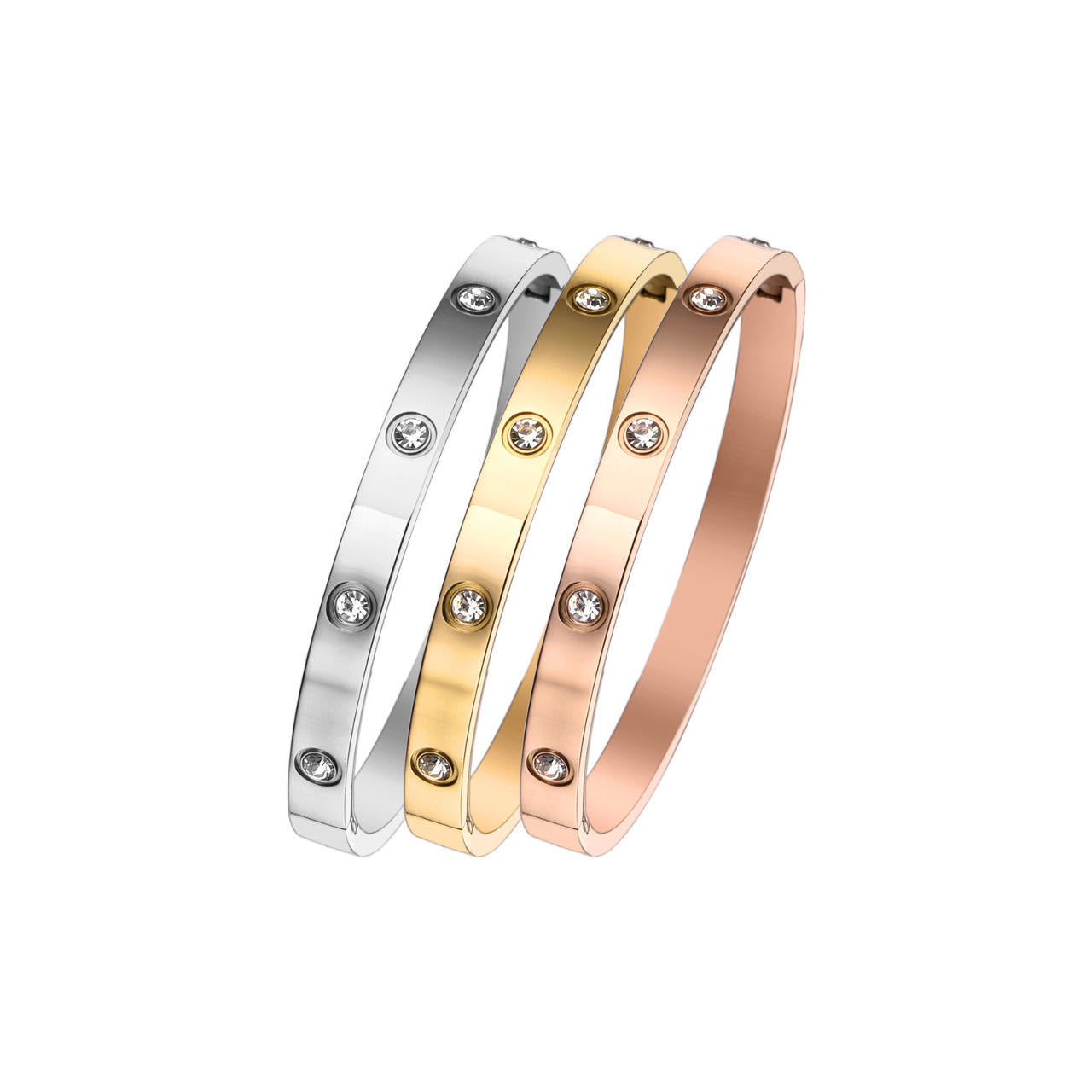 Ten-Stone Diamond Bangle Bracelet — Stainless Steel, 18K Gold Plated, Clasp Closure