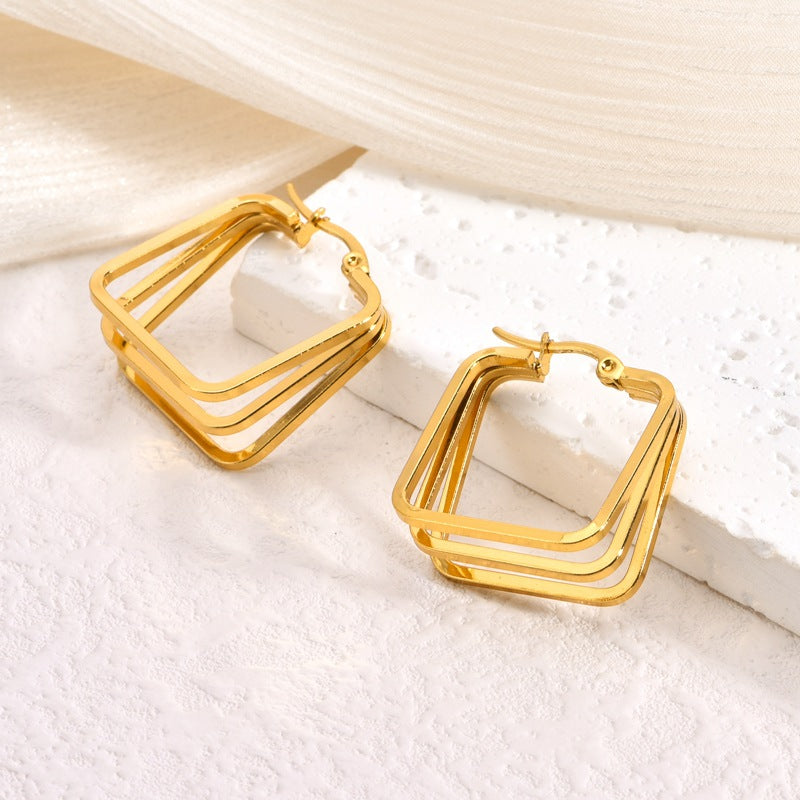 Geometric Multi-Layer Titanium Steel Hoop Earrings — 18K Gold Plated, Premium
