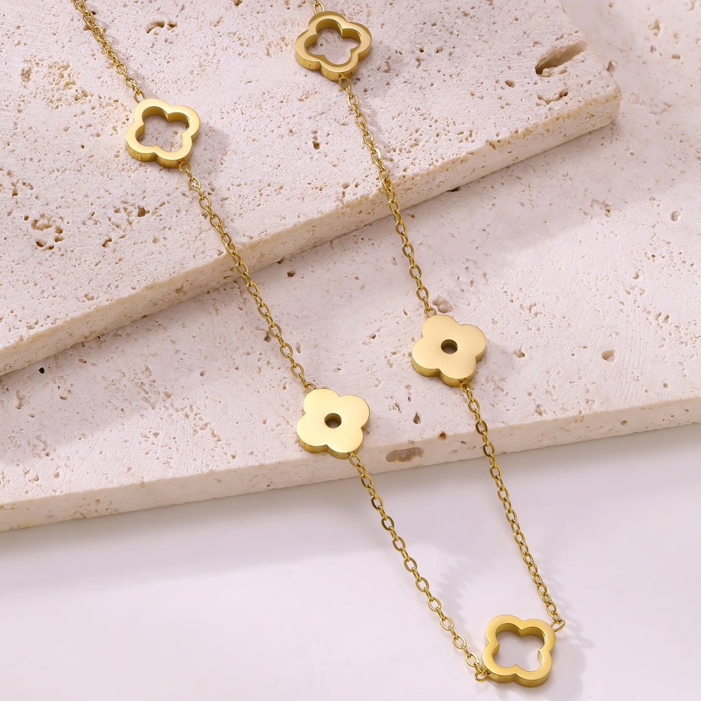 Four-Leaf Clover Long Hollow Necklace — Stainless Steel, 18K Gold, Trending