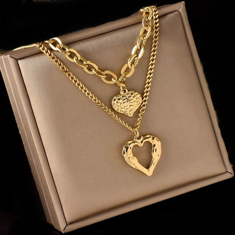 Openwork Heart Pendant Necklace — Titanium Steel, Vintage Multi-Layer, 18K Gold