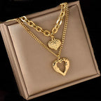 Openwork Heart Pendant Necklace — Titanium Steel, Vintage Multi-Layer, 18K Gold