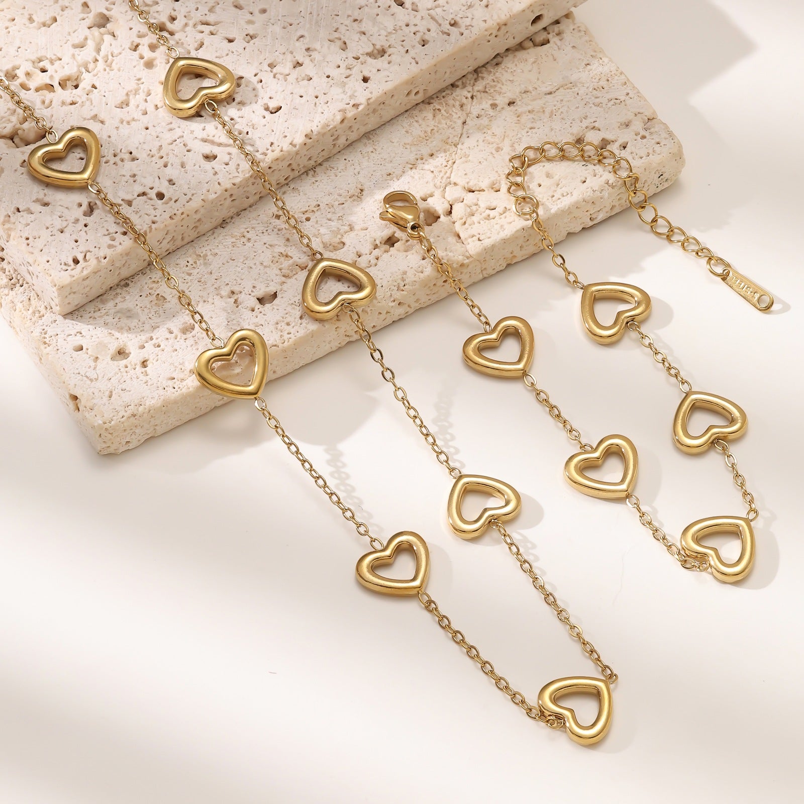 Heart Motif Necklace & Bracelet Set — Titanium Steel, 18K Gold Plated, Fade-Resistant