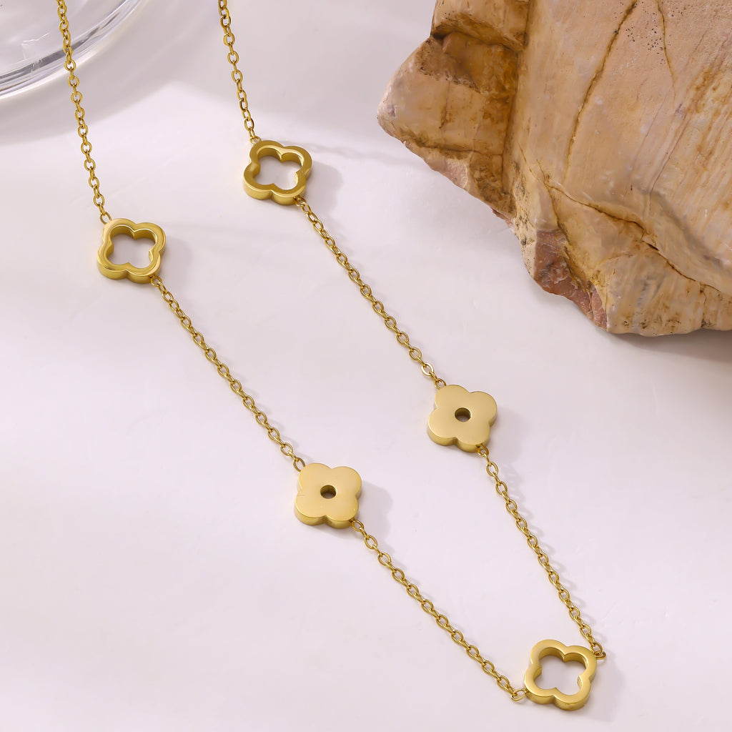 Four-Leaf Clover Long Hollow Necklace — Stainless Steel, 18K Gold, Trending
